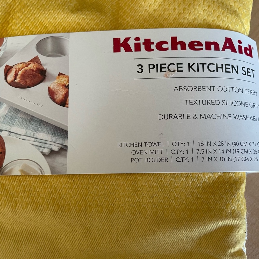 KitchenAid 3 Pc Set Oven MITT, POT HOLDER & TOWEL Lemon Yellow